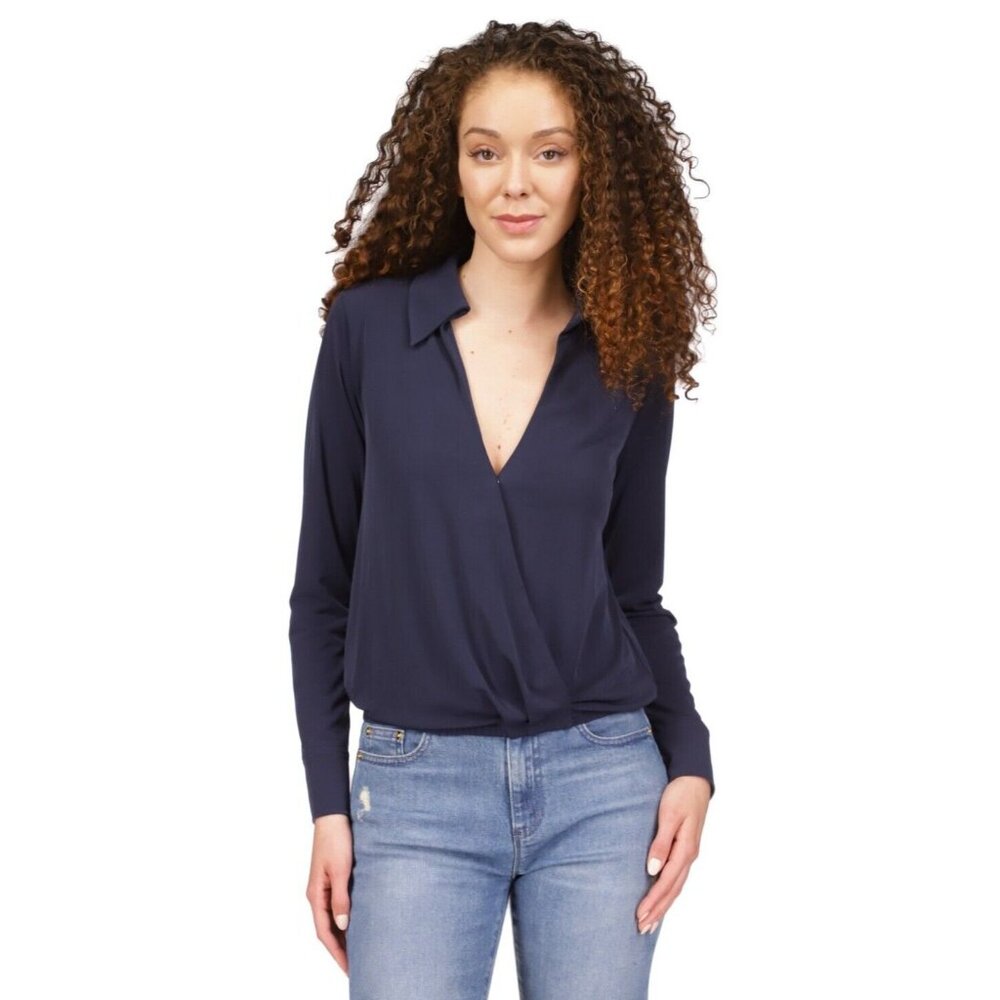 Michael Michael Kors Women's Solid Collared Faux-Wrap Top Navy Size XL MSRP $88